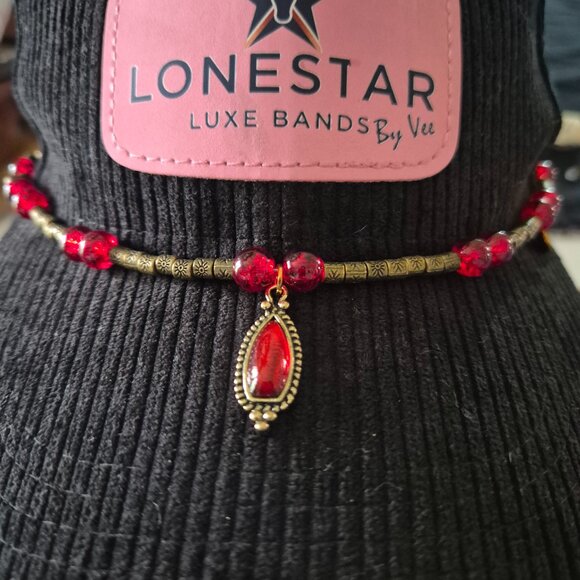 Cowgirl Style Red Glass Bead Hat Band with Antique Gold Pendant - Picture 4 of 4